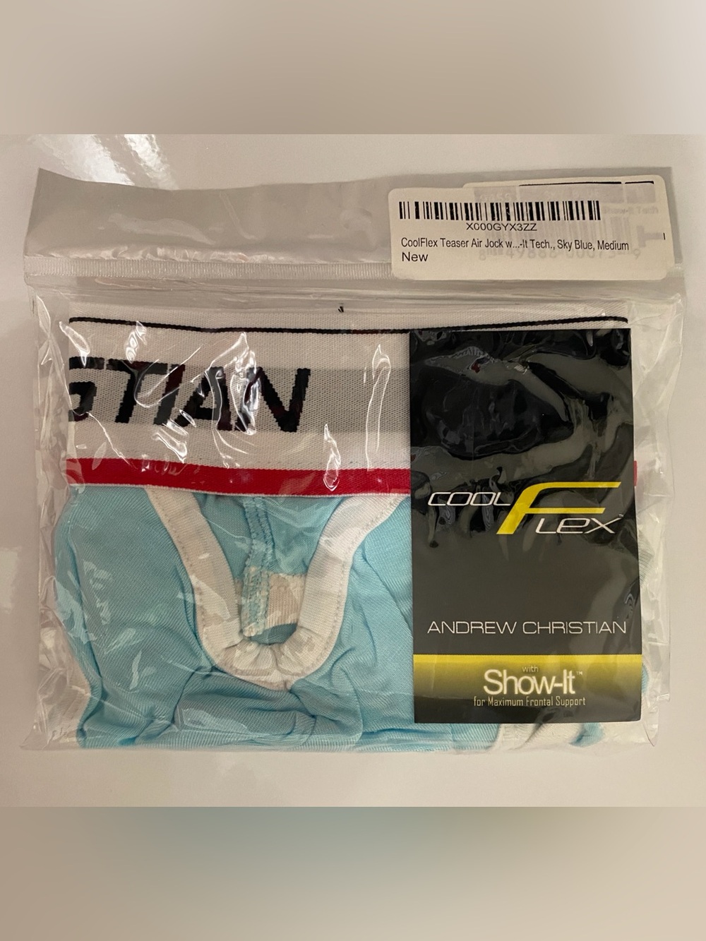 NWT! Andrew Christian CoolFlex Teaser Air Jock Brief w/Show-it Tech MED Sky Blue